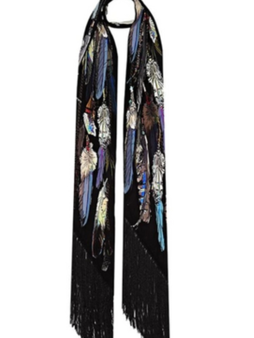 Black Feather Print Fringe Scarf - Women's Wrap